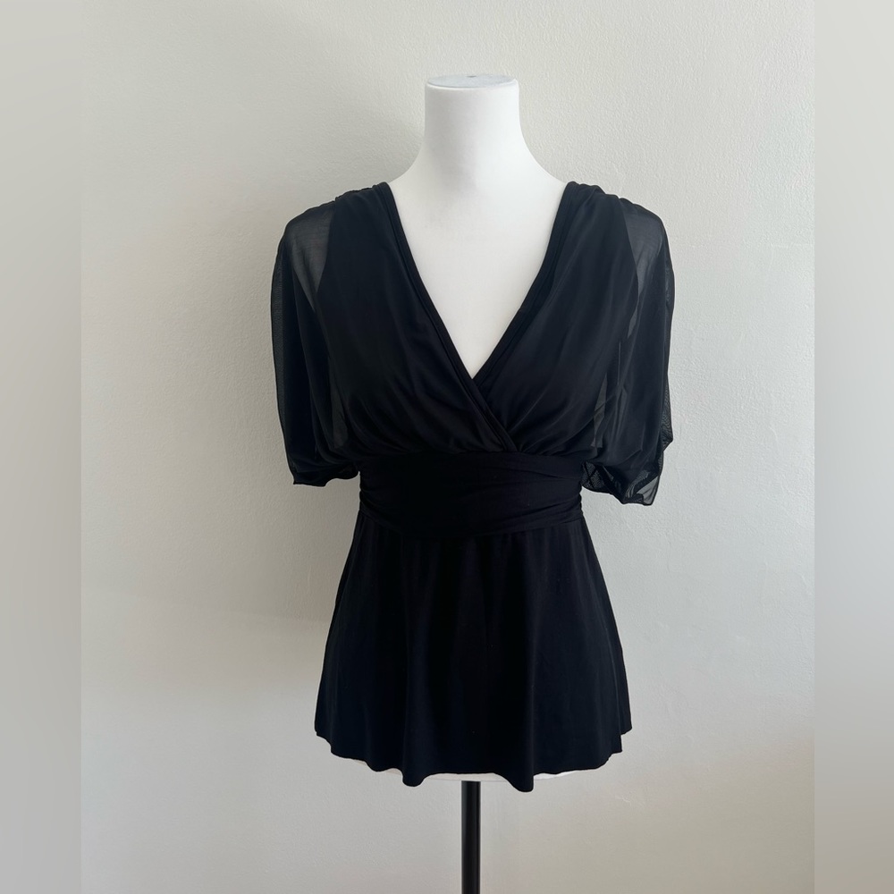 Three Dots black jersey shirt with mesh sleeves. Very pretty shirt! Size S.